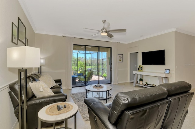 living area with ceiling fan, ornamental molding, and light tile patterned floors