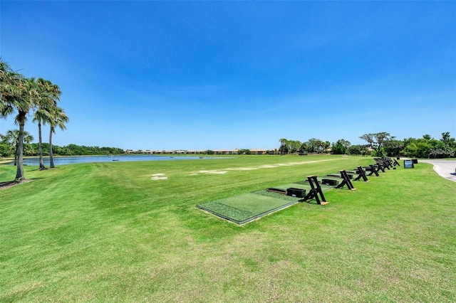surrounding community with a lawn and a water view