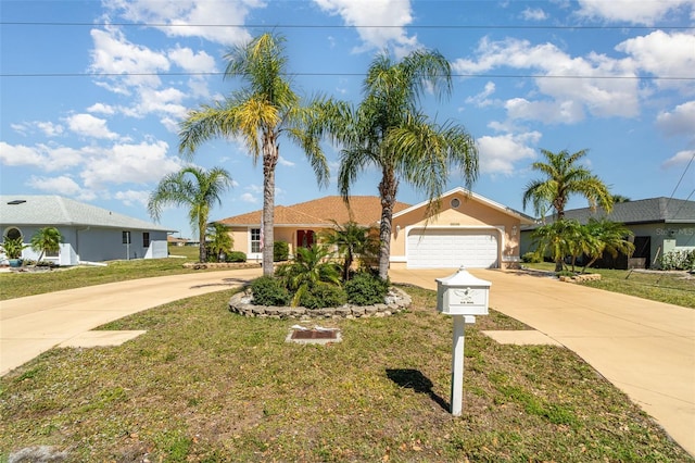 ranch-style house with stucco siding, an attached garage, concrete driveway, and a front yard