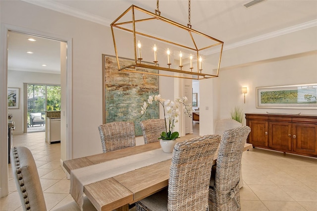 7137 Orchid Island Pl, Bradenton, FL 34202 - dining room with visible vents, ornamental molding, a chandelier, recessed lighting, and light tile patterned flooring
