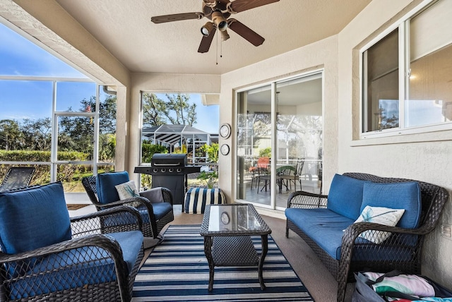 2439 Sonoma Dr W, Nokomis, FL 34275 - view of patio featuring outdoor lounge area, ceiling fan, and area for grilling