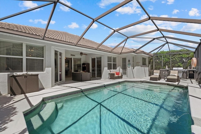 259 Golden Harbour Trl, Bradenton, FL 34212 - outdoor pool with a lanai, a ceiling fan, and a patio
