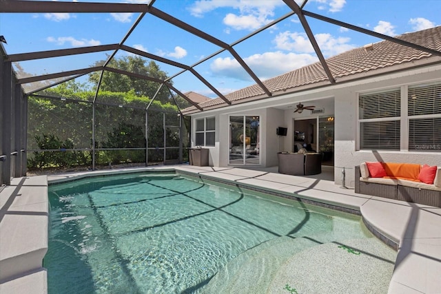 259 Golden Harbour Trl, Bradenton, FL 34212 - outdoor pool with ceiling fan, glass enclosure, and a patio