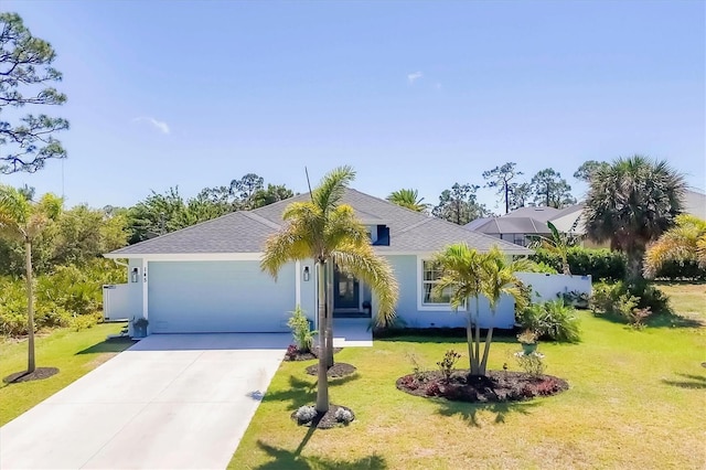 145 Baytree Dr, Rotonda West, FL 33947 - view of front of property with a garage, driveway, a front yard, stucco siding, and roof with shingles