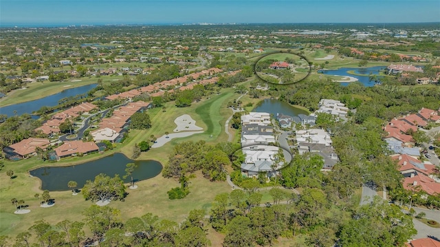 bird's eye view featuring a residential view, a water view, and golf course view