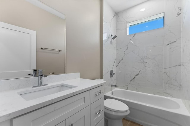 full bath with toilet, vanity, and shower / bath combination