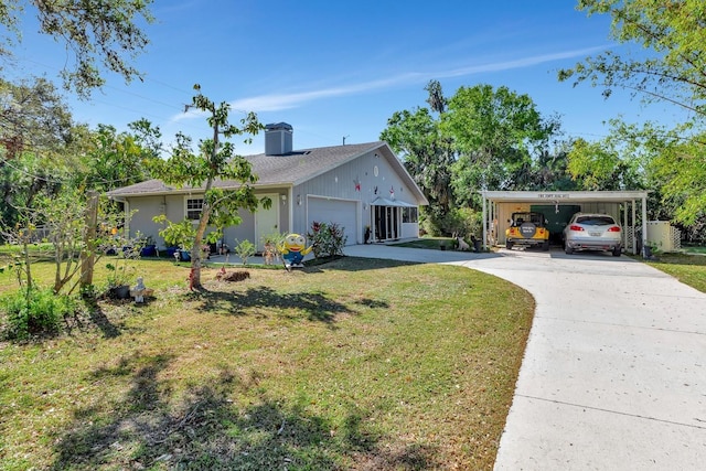 2070 59th St, Sarasota, FL 34243 - ranch-style house featuring a carport, a front lawn, concrete driveway, and a chimney