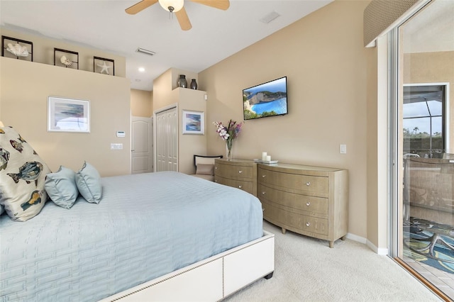 12211 Aster Ave, Bradenton, FL 34212 - bedroom featuring access to exterior, visible vents, light colored carpet, and a ceiling fan