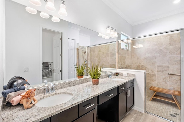 25325 Longmeadow Dr, Punta Gorda, FL 33955 - bathroom with a sink, double vanity, crown molding, and a tile shower