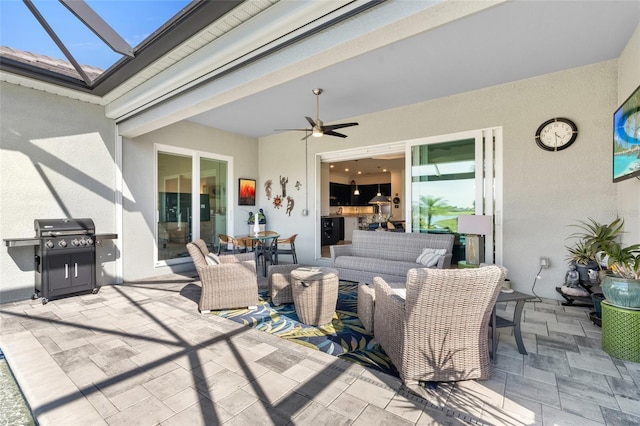 25325 Longmeadow Dr, Punta Gorda, FL 33955 - view of patio / terrace featuring an outdoor hangout area, area for grilling, a lanai, and a ceiling fan
