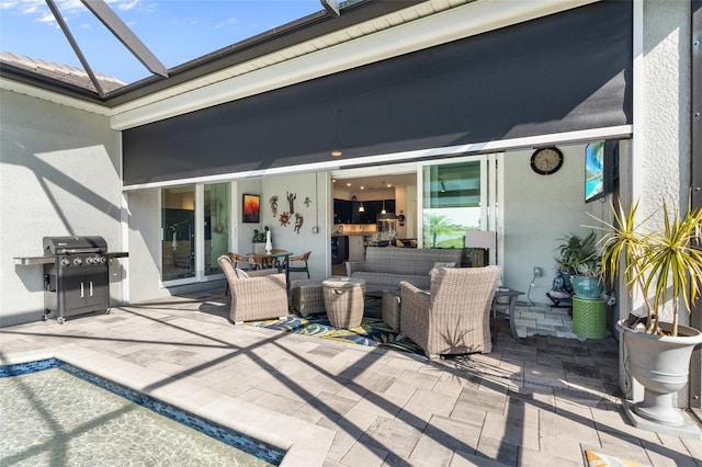 25325 Longmeadow Dr, Punta Gorda, FL 33955 - view of patio featuring outdoor lounge area, glass enclosure, and grilling area