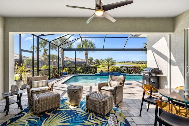 25325 Longmeadow Dr, Punta Gorda, FL 33955 - outdoor pool with ceiling fan, a patio, a lanai, and grilling area