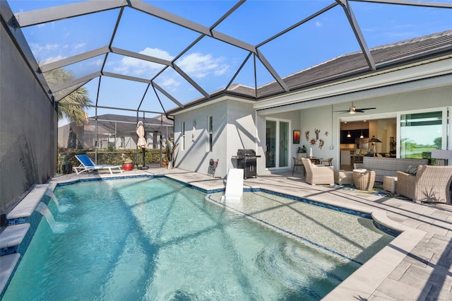 25325 Longmeadow Dr, Punta Gorda, FL 33955 - pool featuring grilling area, an outdoor living space, glass enclosure, a patio, and a ceiling fan