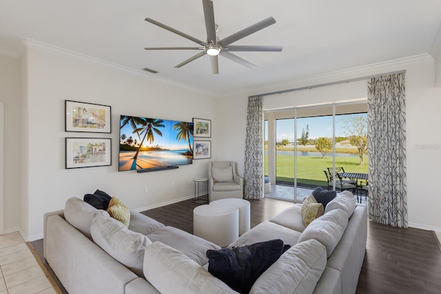 4606 Lake Fox Pl, Parrish, FL 34219 - living area with ornamental molding, ceiling fan, baseboards, and wood finished floors