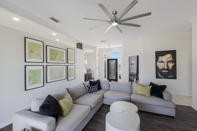 4606 Lake Fox Pl, Parrish, FL 34219 - living area featuring crown molding, dark wood-style floors, ceiling fan, recessed lighting, and baseboards