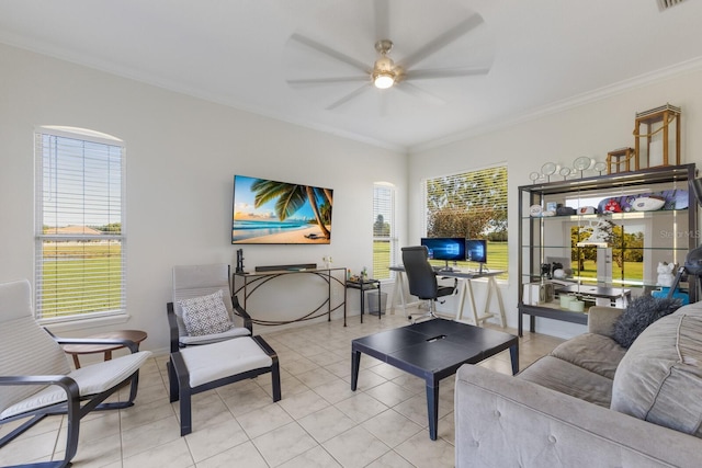 4606 Lake Fox Pl, Parrish, FL 34219 - tiled living area with an office area, ceiling fan, ornamental molding, and baseboards