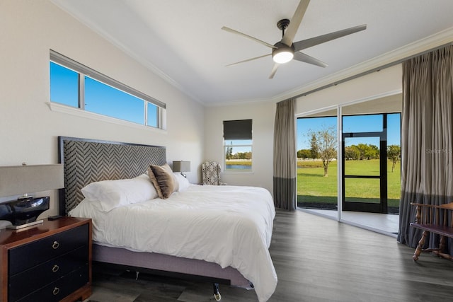 4606 Lake Fox Pl, Parrish, FL 34219 - bedroom featuring crown molding, access to outside, multiple windows, dark wood finished floors, and a ceiling fan