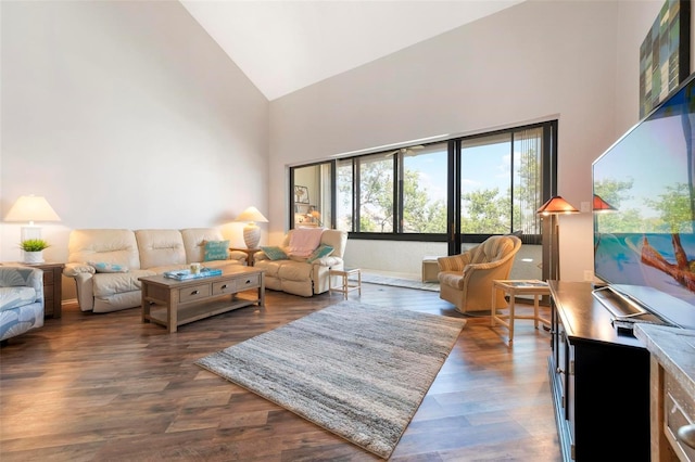 6263 Midnight Pass Rd Unit 301, Sarasota, FL 34242 - living room featuring high vaulted ceiling and dark wood-style flooring