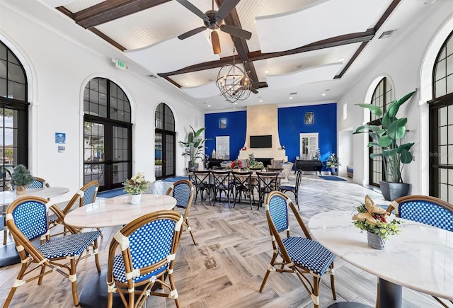 dining room with visible vents, beamed ceiling, recessed lighting, coffered ceiling, and ceiling fan with notable chandelier