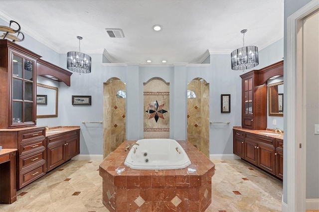 bathroom featuring a chandelier, a sink, and ornamental molding
