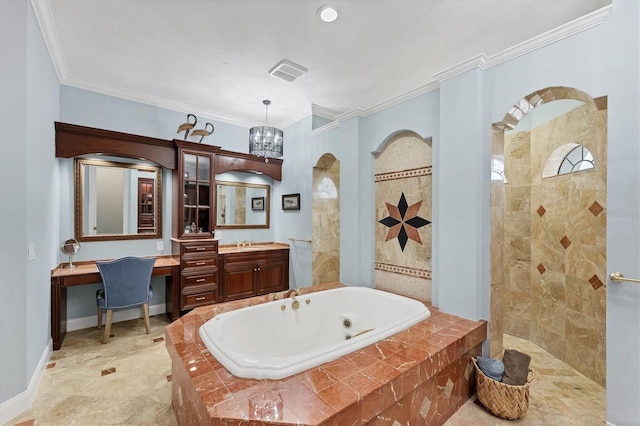 full bathroom featuring a whirlpool tub, visible vents, ornamental molding, and a walk in shower
