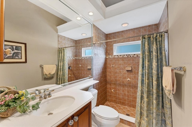 full bathroom with a shower stall, recessed lighting, vanity, and toilet
