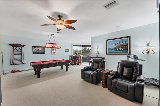 rec room featuring visible vents, billiards, ceiling fan, and light colored carpet