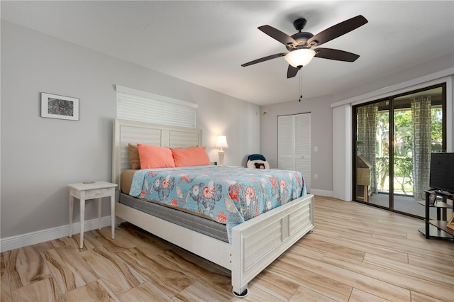 3804 Sun Eagle Ln, Bradenton, FL 34210 - bedroom with light wood finished floors, baseboards, access to exterior, and a ceiling fan