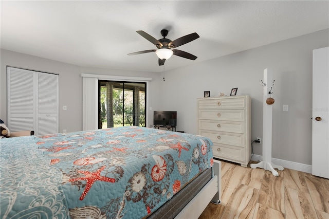 3804 Sun Eagle Ln, Bradenton, FL 34210 - bedroom featuring a ceiling fan, light wood-style floors, baseboards, and access to outside