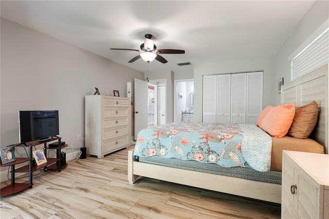 3804 Sun Eagle Ln, Bradenton, FL 34210 - bedroom featuring baseboards, light wood finished floors, ceiling fan, visible vents, and a closet