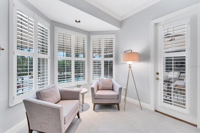sitting room featuring ornamental molding, baseboards, and carpet