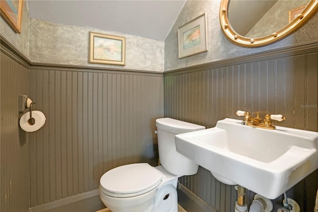 bathroom with a sink, toilet, and wainscoting