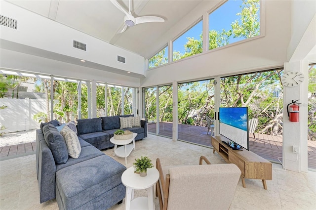 sunroom / solarium with visible vents, an outdoor hangout area, and ceiling fan