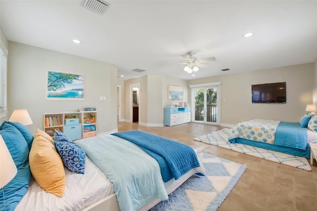 bedroom with a ceiling fan, recessed lighting, baseboards, visible vents, and access to outside