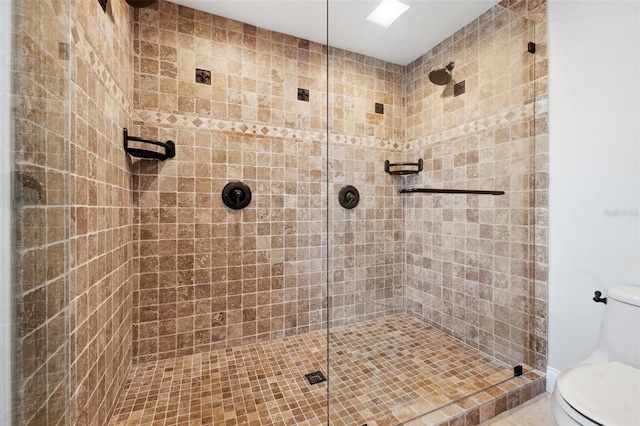 bathroom featuring a stall shower and toilet
