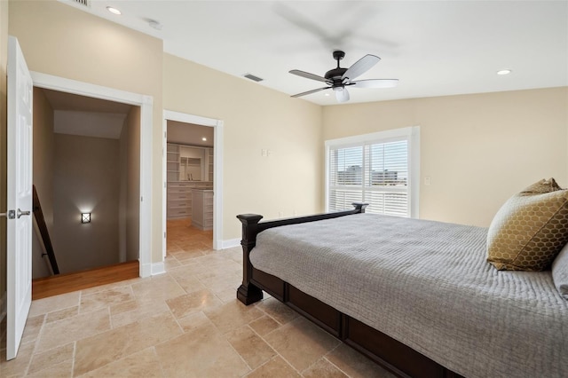 bedroom with a ceiling fan, stone tile floors, visible vents, baseboards, and recessed lighting