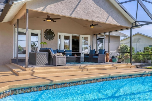 4704 Coral Lake Dr, Bradenton, FL 34210 - pool with ceiling fan, glass enclosure, an outdoor living space, and a patio area