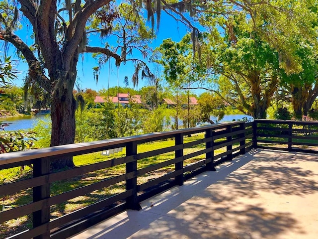 exterior space with a water view