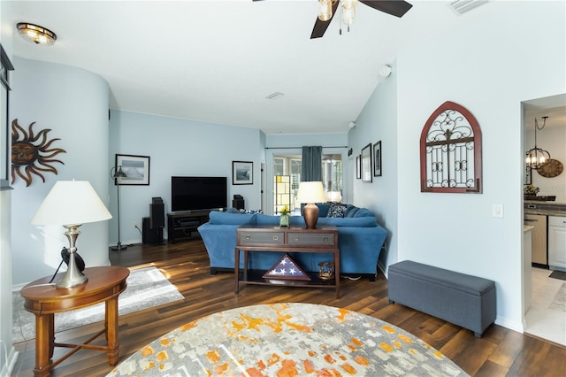 1118 Deardon Dr, Venice, FL 34292 - living room with visible vents, ceiling fan, and wood finished floors