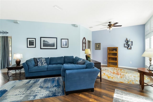 1118 Deardon Dr, Venice, FL 34292 - living area featuring baseboards, visible vents, ceiling fan, and wood finished floors