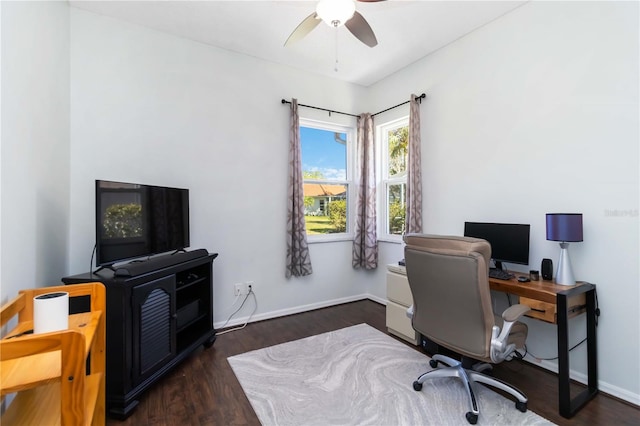 1118 Deardon Dr, Venice, FL 34292 - office area featuring baseboards, ceiling fan, and wood finished floors