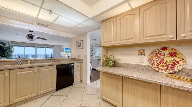 2675 Gulf Of Mexico Dr Unit 403, Longboat Key, FL 34228 - kitchen with ceiling fan, light brown cabinetry, dishwasher, a sink, and light tile patterned flooring