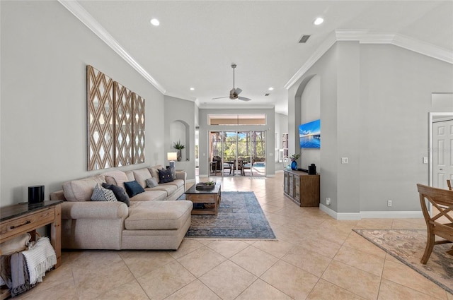11716 Strandhill Ct, Lakewood Ranch, FL 34202 - living room with arched walkways, light tile patterned floors, ornamental molding, and a ceiling fan
