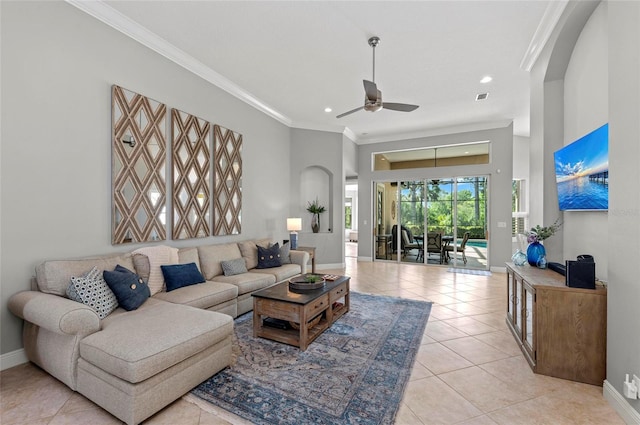 11716 Strandhill Ct, Lakewood Ranch, FL 34202 - living area featuring ornamental molding, baseboards, light tile patterned flooring, visible vents, and a ceiling fan