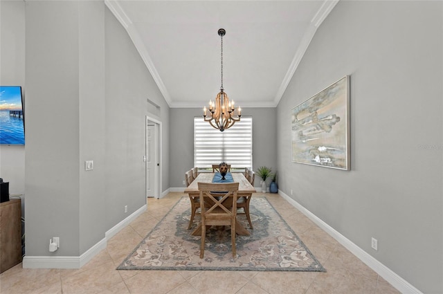 11716 Strandhill Ct, Lakewood Ranch, FL 34202 - dining room featuring vaulted ceiling, light tile patterned floors, ornamental molding, baseboards, and a notable chandelier