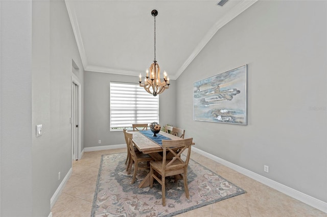 11716 Strandhill Ct, Lakewood Ranch, FL 34202 - dining area with crown molding, lofted ceiling, an inviting chandelier, light tile patterned floors, and baseboards