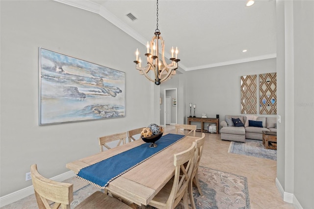 11716 Strandhill Ct, Lakewood Ranch, FL 34202 - dining room with recessed lighting, light tile patterned floors, ornamental molding, baseboards, and a chandelier