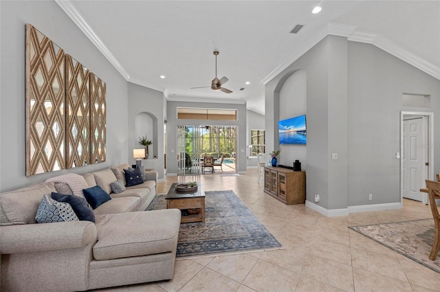11716 Strandhill Ct, Lakewood Ranch, FL 34202 - living area with ornamental molding, light tile patterned flooring, arched walkways, visible vents, and a ceiling fan