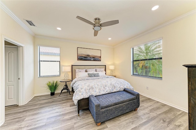 10015 Marbella Dr, Bradenton, FL 34211 - bedroom with light wood-style flooring, multiple windows, ornamental molding, recessed lighting, and ceiling fan