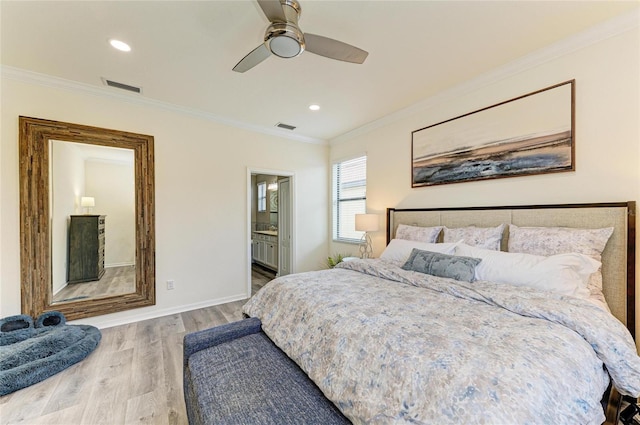10015 Marbella Dr, Bradenton, FL 34211 - bedroom featuring crown molding, wood finished floors, recessed lighting, connected bathroom, and a ceiling fan